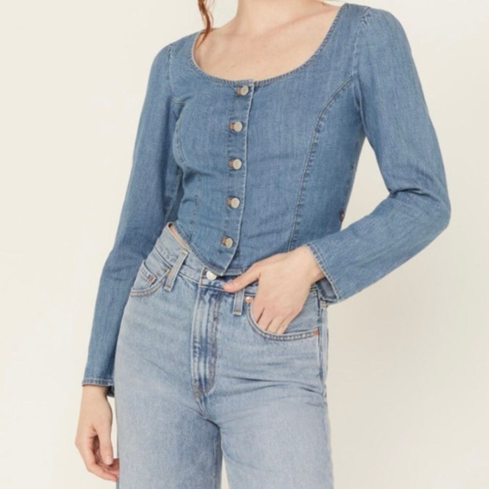 Levi’s Womens Daryn Denim Corset Long Sleeve Top Light Wash Western Boho Medium